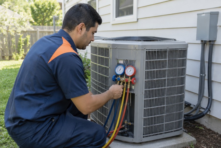 Technician servicing an outdoor AC unit